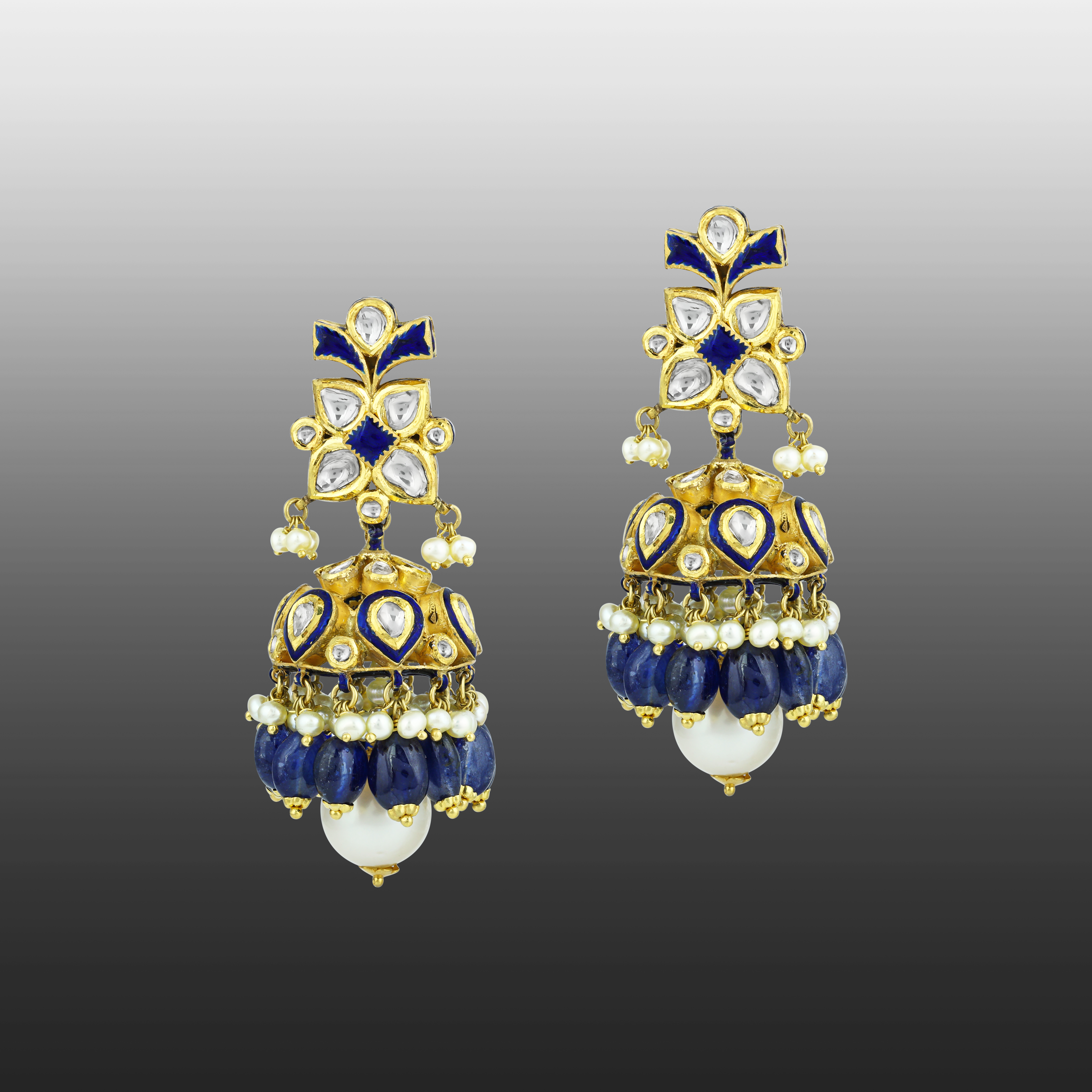 Polki Necklace Set with Blue Sapphire and Pearl Drops